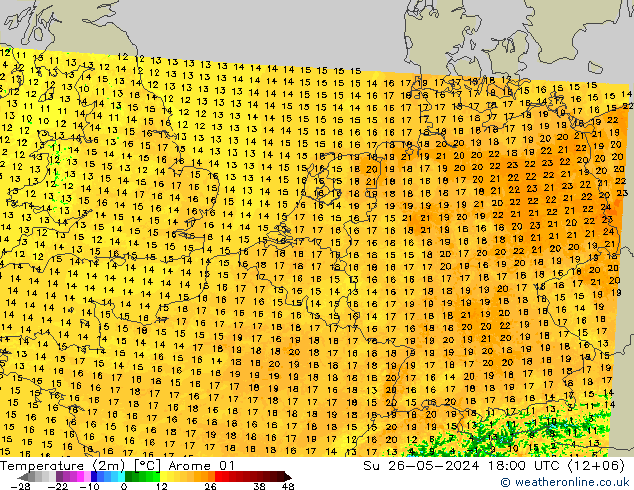 Temperature (2m) Arome 01 Su 26.05.2024 18 UTC