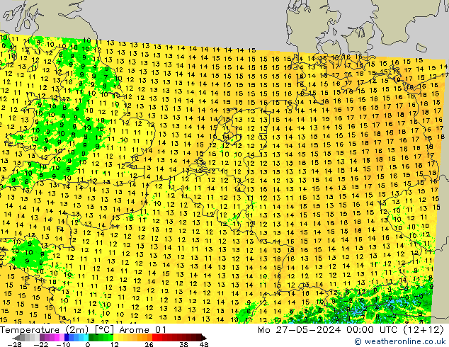 Temperature (2m) Arome 01 Mo 27.05.2024 00 UTC