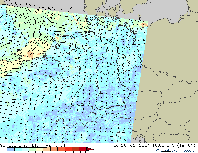 Surface wind (bft) Arome 01 Su 26.05.2024 19 UTC