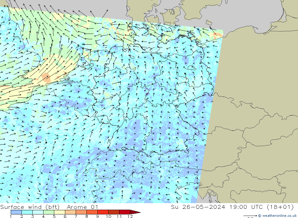 Rüzgar 10 m (bft) Arome 01 Paz 26.05.2024 19 UTC