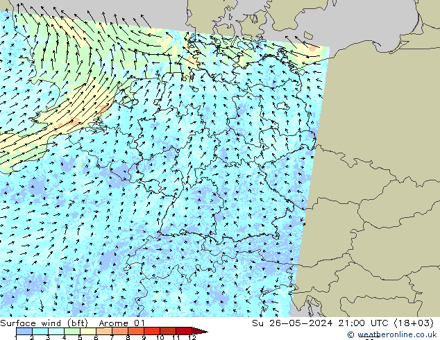 Surface wind (bft) Arome 01 Ne 26.05.2024 21 UTC