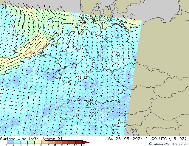 Vento 10 m (bft) Arome 01 dom 26.05.2024 21 UTC