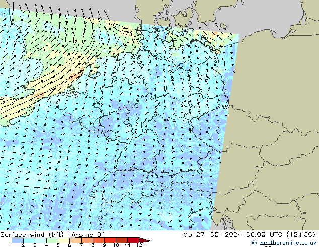 Surface wind (bft) Arome 01 Mo 27.05.2024 00 UTC