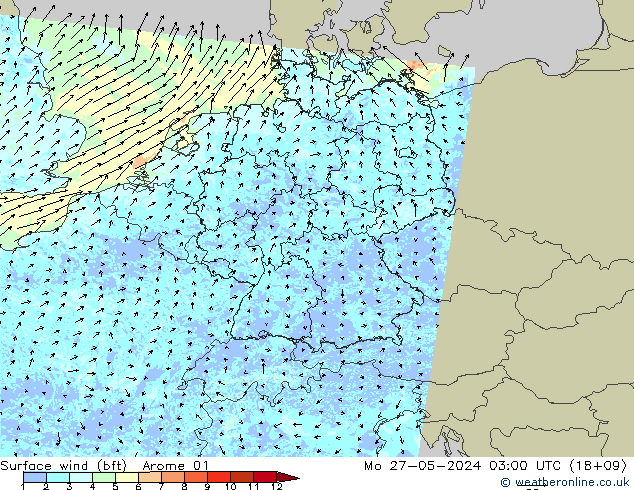 Wind 10 m (bft) Arome 01 ma 27.05.2024 03 UTC