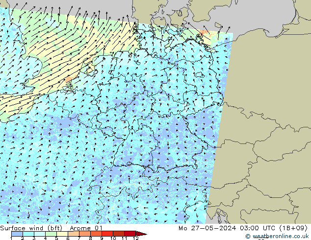 Rüzgar 10 m (bft) Arome 01 Pzt 27.05.2024 03 UTC