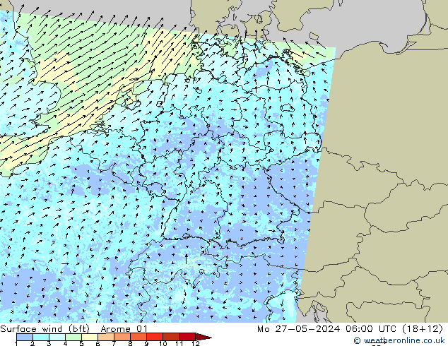 Vento 10 m (bft) Arome 01 lun 27.05.2024 06 UTC