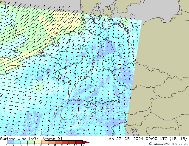 Surface wind (bft) Arome 01 Mo 27.05.2024 09 UTC
