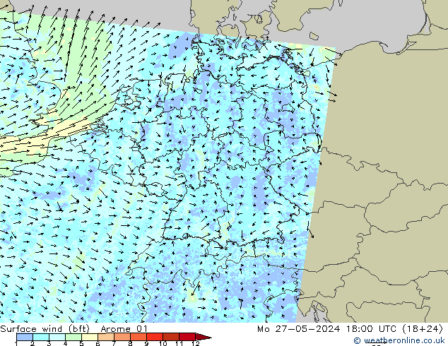 Vent 10 m (bft) Arome 01 lun 27.05.2024 18 UTC