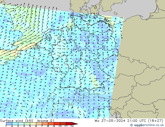 Surface wind (bft) Arome 01 Po 27.05.2024 21 UTC