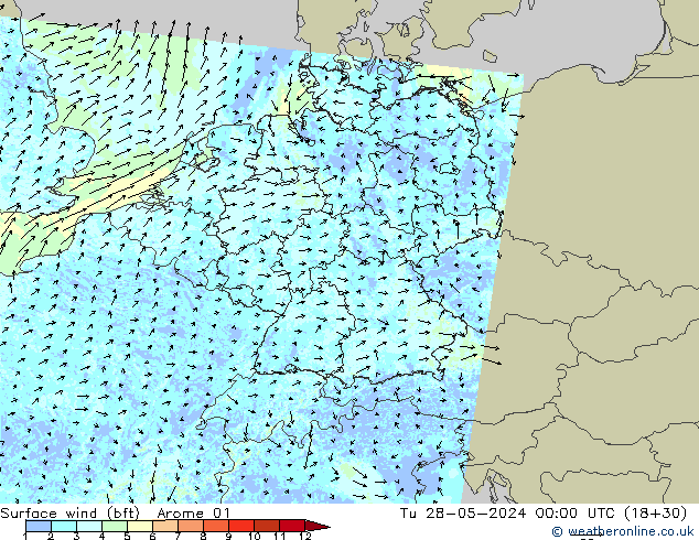 Surface wind (bft) Arome 01 Út 28.05.2024 00 UTC