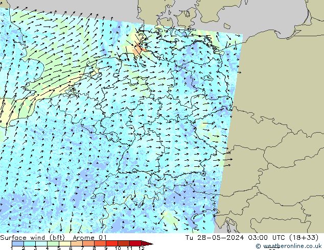 Surface wind (bft) Arome 01 Út 28.05.2024 03 UTC