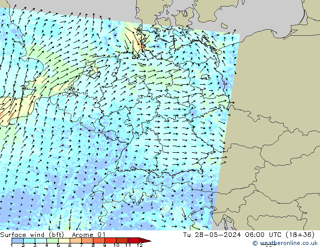  10 m (bft) Arome 01  28.05.2024 06 UTC