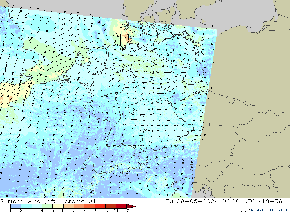 Rüzgar 10 m (bft) Arome 01 Sa 28.05.2024 06 UTC