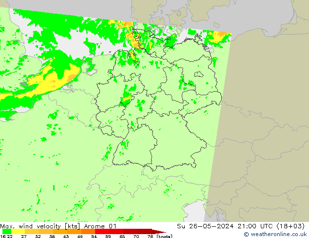 Max. wind velocity Arome 01 Dom 26.05.2024 21 UTC