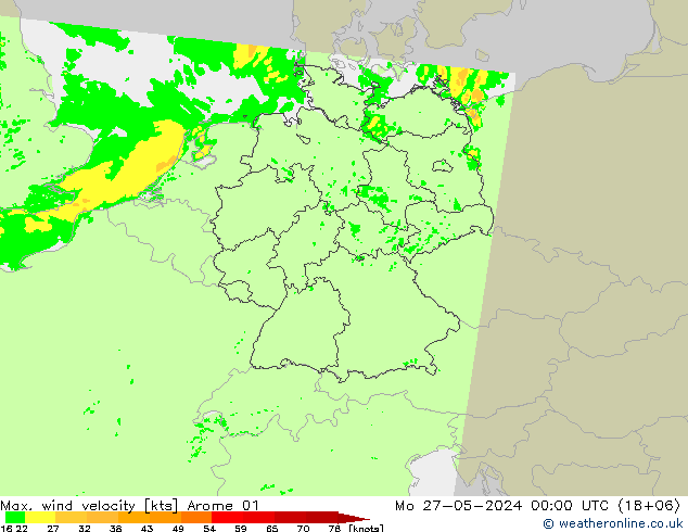 Max. wind snelheid Arome 01 ma 27.05.2024 00 UTC