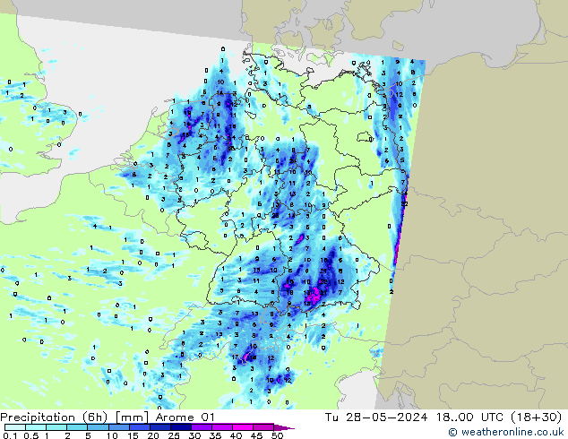 Totale neerslag (6h) Arome 01 di 28.05.2024 00 UTC