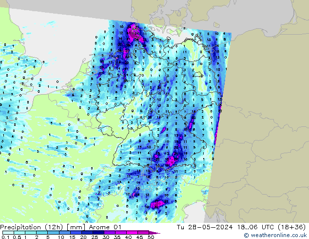 Totale neerslag (12h) Arome 01 di 28.05.2024 06 UTC