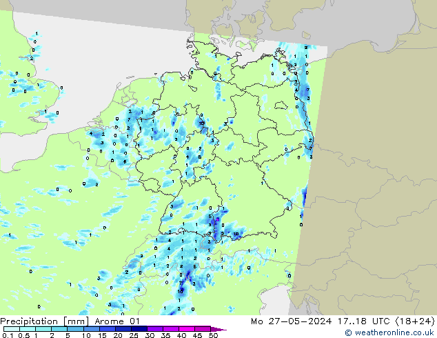 Srážky Arome 01 Po 27.05.2024 18 UTC