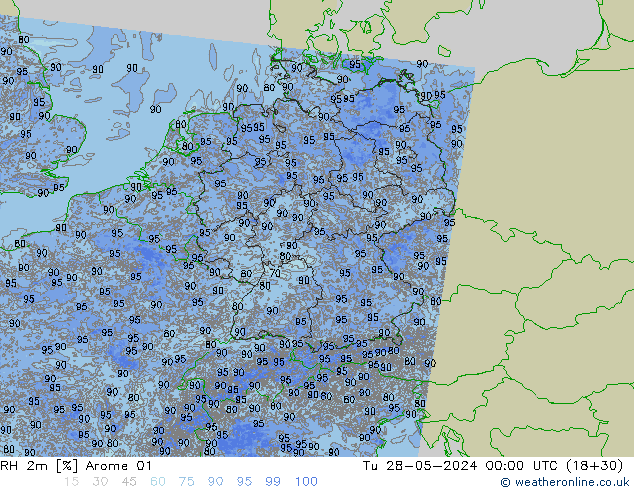 Humedad rel. 2m Arome 01 mar 28.05.2024 00 UTC