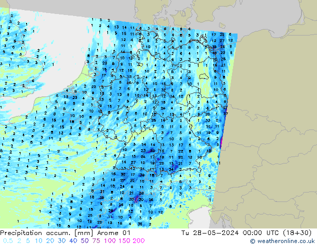 Precipitation accum. Arome 01 Tu 28.05.2024 00 UTC