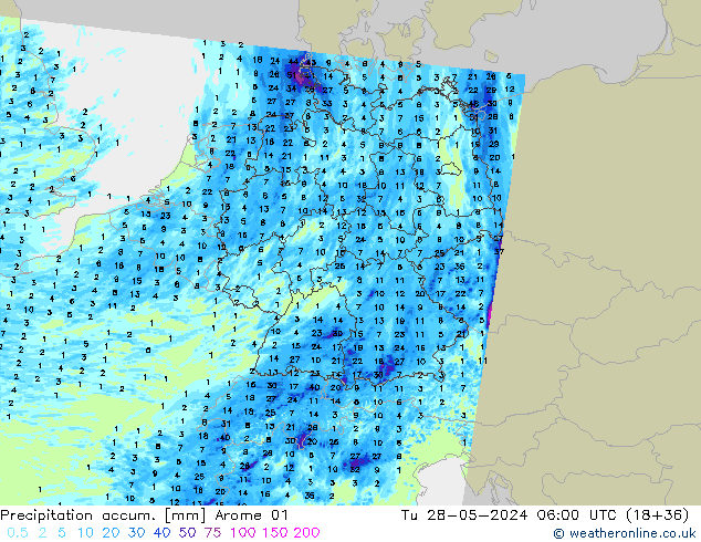 Totale neerslag Arome 01 di 28.05.2024 06 UTC