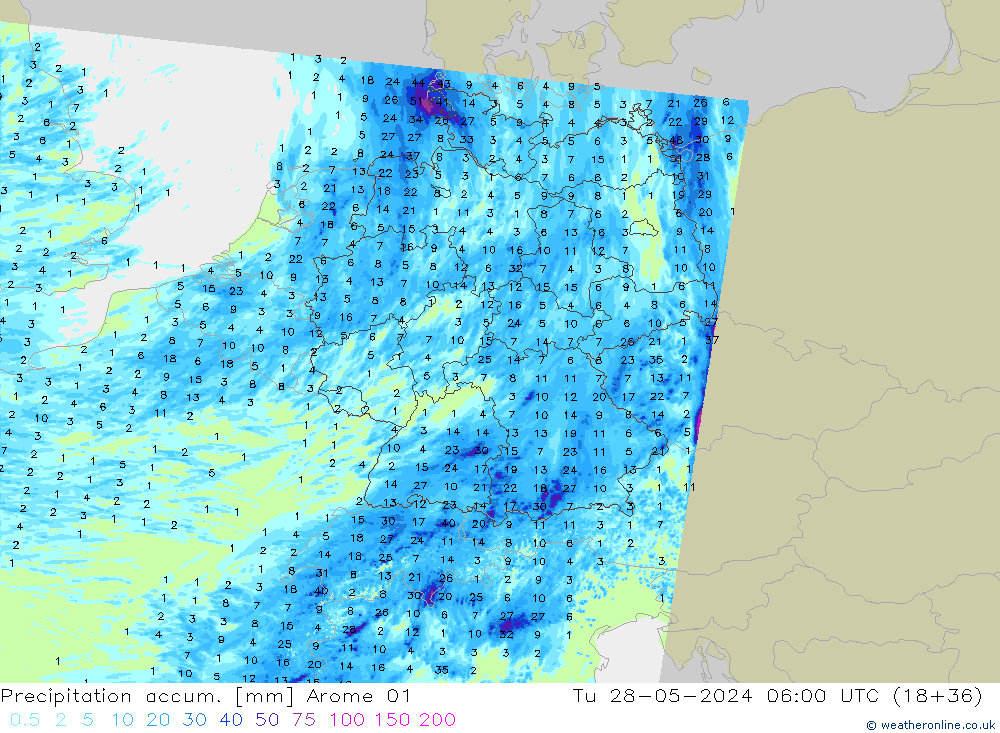 Precipitation accum. Arome 01  28.05.2024 06 UTC