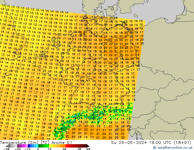 Temperaturkarte (2m) Arome 01 So 26.05.2024 19 UTC