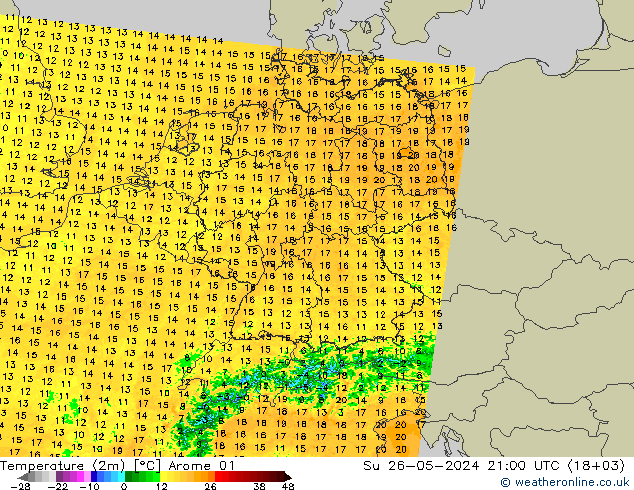 mapa temperatury (2m) Arome 01 nie. 26.05.2024 21 UTC