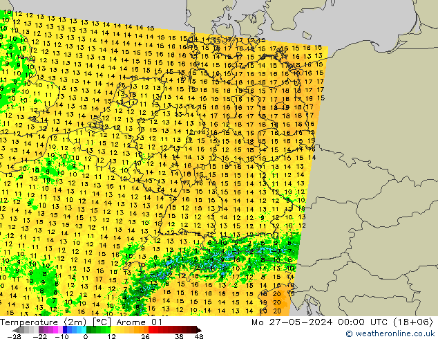 température (2m) Arome 01 lun 27.05.2024 00 UTC