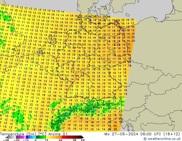 Temperature (2m) Arome 01 Mo 27.05.2024 06 UTC