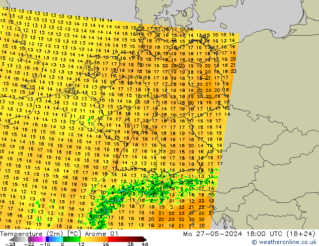 Temperatura (2m) Arome 01 lun 27.05.2024 18 UTC