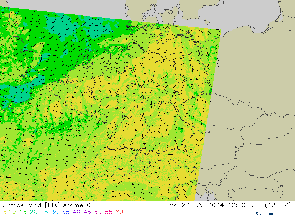 Vento 10 m Arome 01 lun 27.05.2024 12 UTC