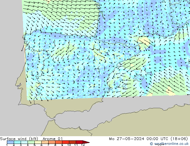 Surface wind (bft) Arome 01 Mo 27.05.2024 00 UTC