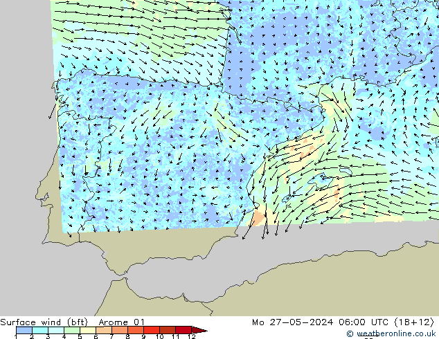 Surface wind (bft) Arome 01 Po 27.05.2024 06 UTC