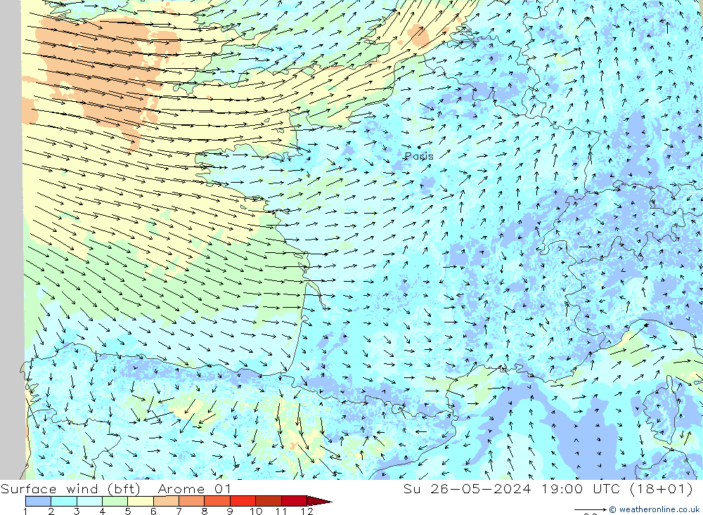 Surface wind (bft) Arome 01 Su 26.05.2024 19 UTC