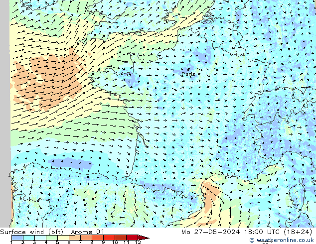 Wind 10 m (bft) Arome 01 ma 27.05.2024 18 UTC