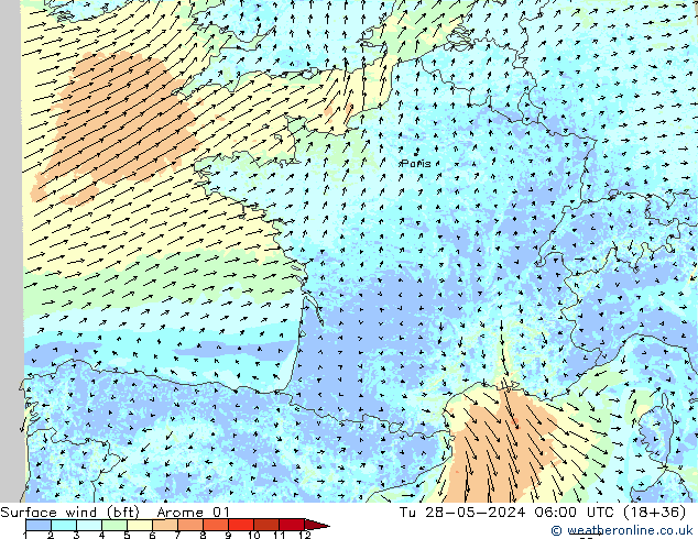 Rüzgar 10 m (bft) Arome 01 Sa 28.05.2024 06 UTC