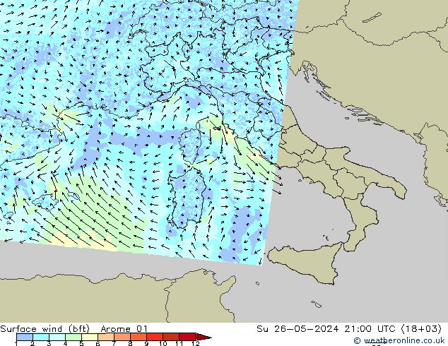 Surface wind (bft) Arome 01 Ne 26.05.2024 21 UTC