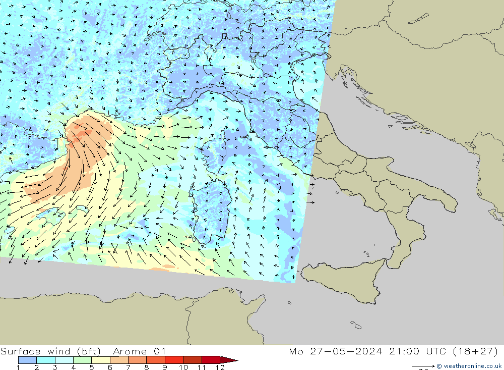 Rüzgar 10 m (bft) Arome 01 Pzt 27.05.2024 21 UTC