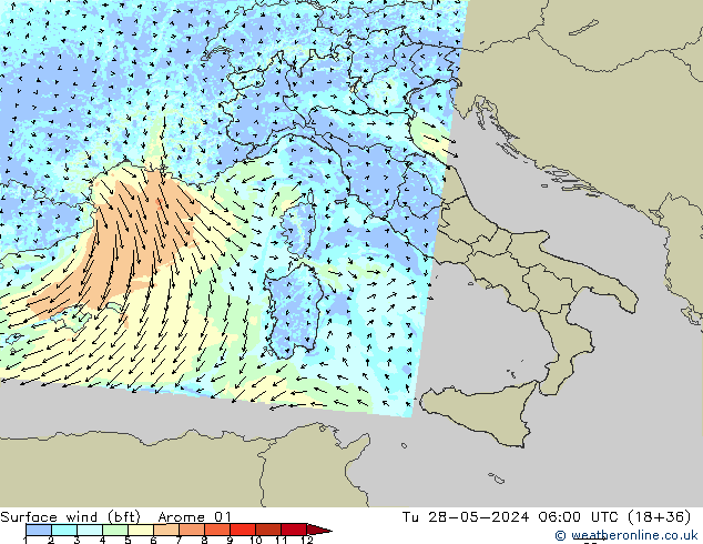 Rüzgar 10 m (bft) Arome 01 Sa 28.05.2024 06 UTC