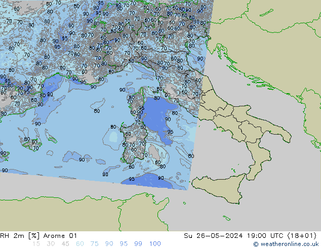 RH 2m Arome 01 Su 26.05.2024 19 UTC