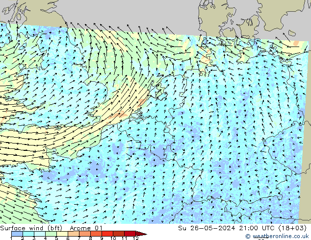 Rüzgar 10 m (bft) Arome 01 Paz 26.05.2024 21 UTC