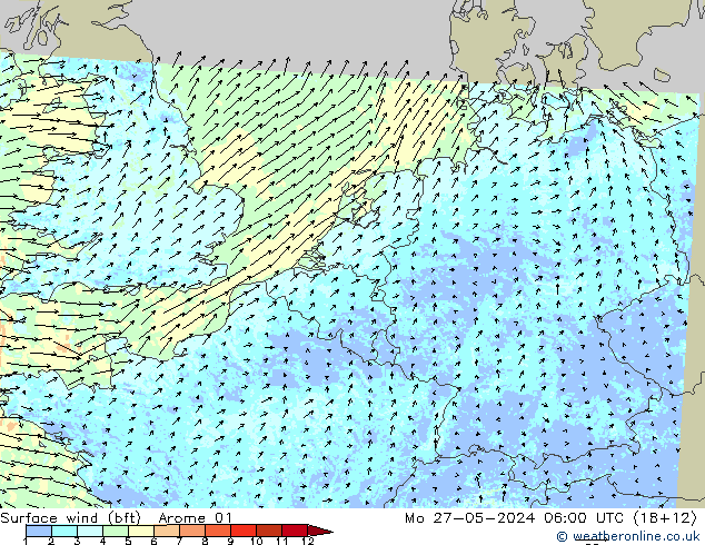 Surface wind (bft) Arome 01 Mo 27.05.2024 06 UTC