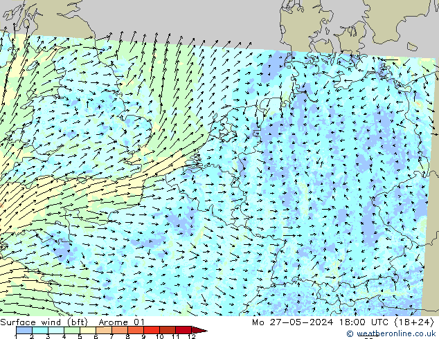 Bodenwind (bft) Arome 01 Mo 27.05.2024 18 UTC