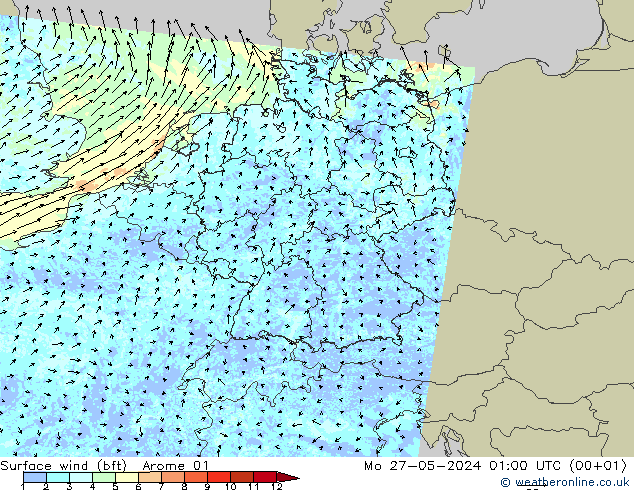 Vento 10 m (bft) Arome 01 lun 27.05.2024 01 UTC