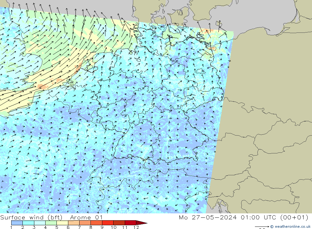 wiatr 10 m (bft) Arome 01 pon. 27.05.2024 01 UTC