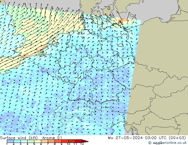 Wind 10 m (bft) Arome 01 ma 27.05.2024 03 UTC