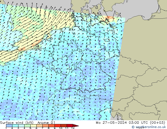 Vento 10 m (bft) Arome 01 lun 27.05.2024 03 UTC