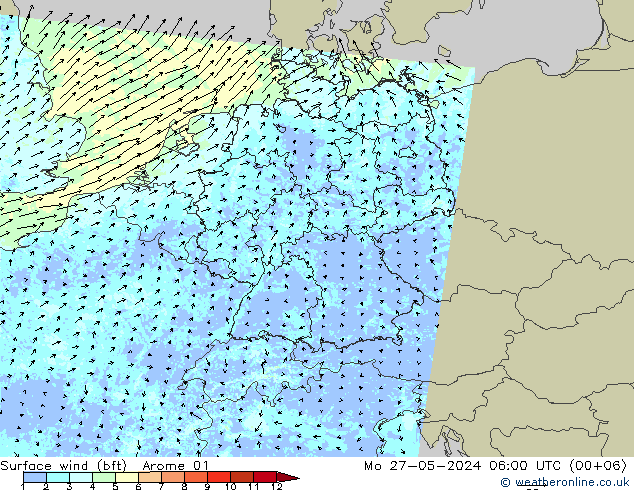 Wind 10 m (bft) Arome 01 ma 27.05.2024 06 UTC