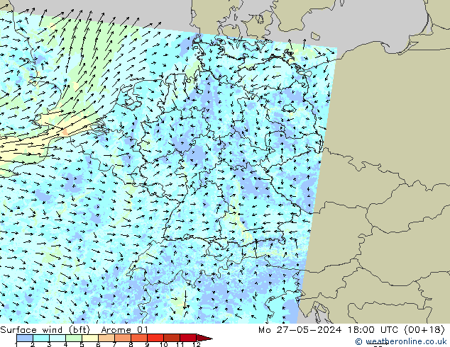 Surface wind (bft) Arome 01 Mo 27.05.2024 18 UTC